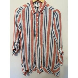 Artisan NY Women Linen Tunic Popover Shirt‎ S Stripe Sunwashed Colors Roll Tab